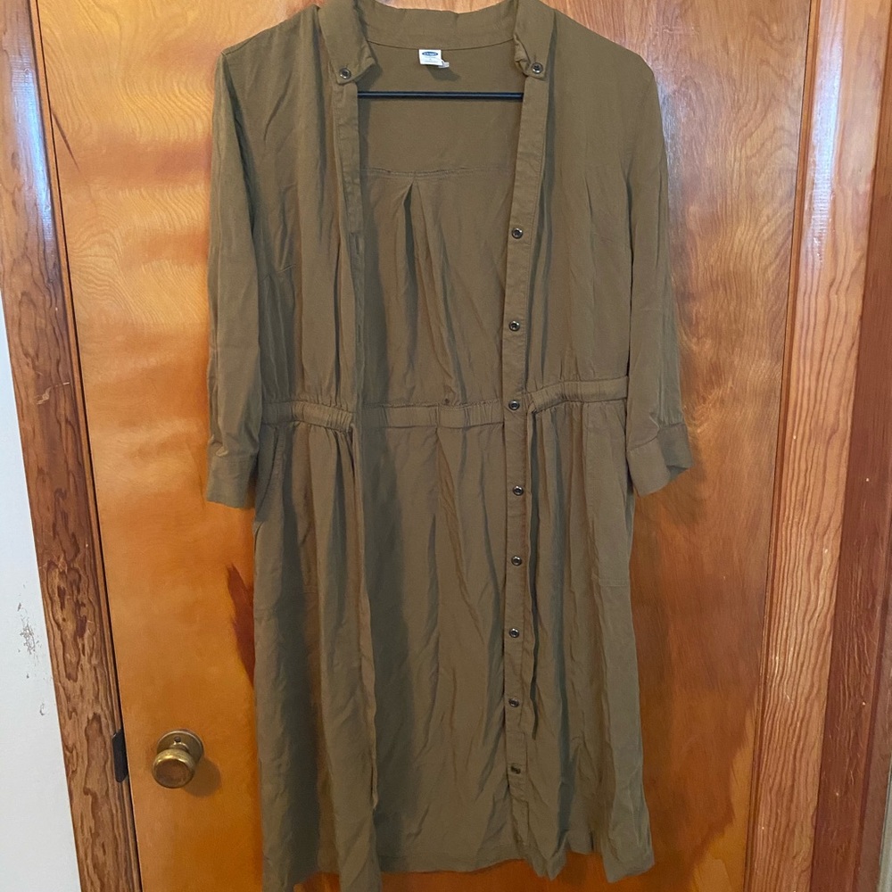 Olive green button up dress with pockets
